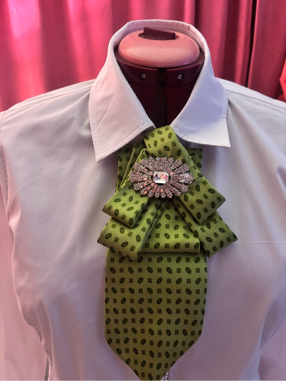 Green Polka Dot Statement Ascot with Rhinestone Brooch
